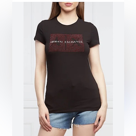 ARMANI EXCHANGE Sequin Logo Black Tee - Picture 2 of 9